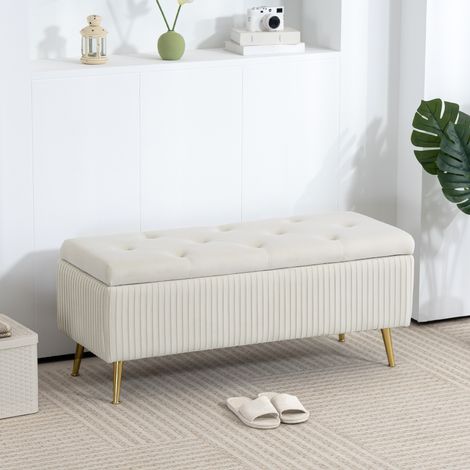 Banc de rangement, banc capitonné aspect velours, pieds en acier doré, banc de lit pour salon (1/5)