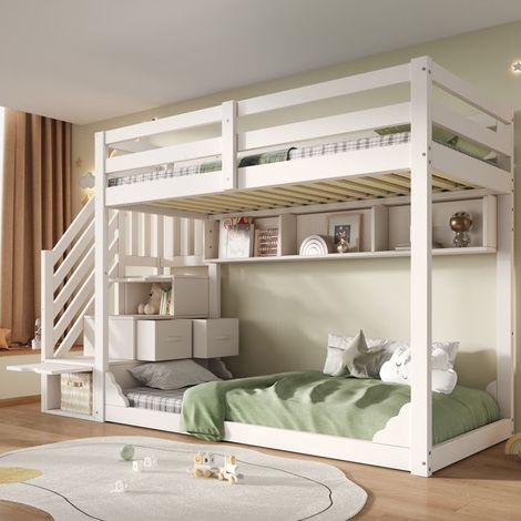 Lit superposé enfant - 90x200 - Bois - Escalier avec rangement - Barrière de sécurité (1/5)