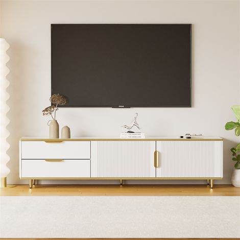 Meuble TV 175x40x45cm, avec 2 portes et 2 tiroirs, plaque à texture sculptée, avec structure en marbre, pieds dorés, blanc (1/5)