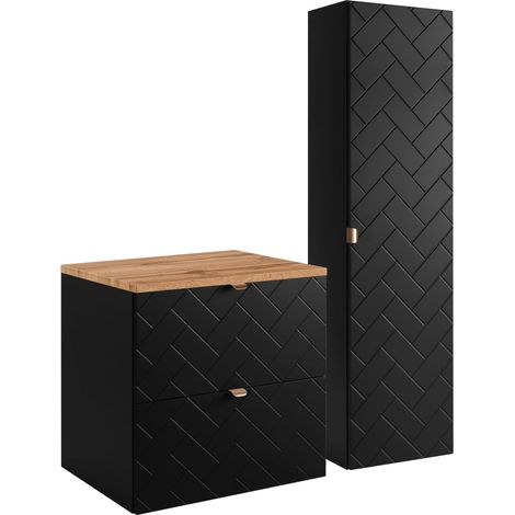 Furnidea - Ensemble un meuble sous vasque 60 cm avec le plan CHÊNE et une colonne 35/136 cm à suspendre MADIS NOIR - façades motif chevron (1/5)