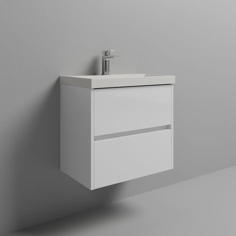 Montego Gloss White 600mm Wall Mounted 2 Drawer Vanity Unit with Rimini Basin