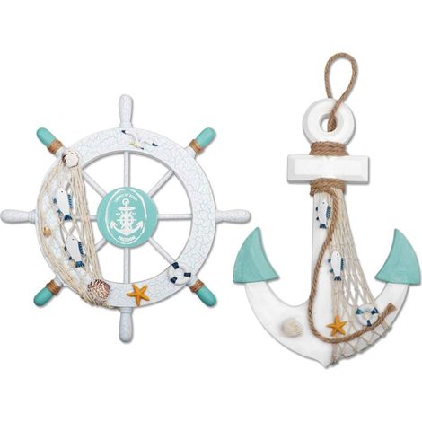 Lot de 2 pièces : moulinets de bateau en bois de 27 à 9 cm et ancre en bois de 33 à 30 cm avec corde. Décoration murale, à suspendre à une porte, sur le thème de la plage (blanc et vert). (1/5)