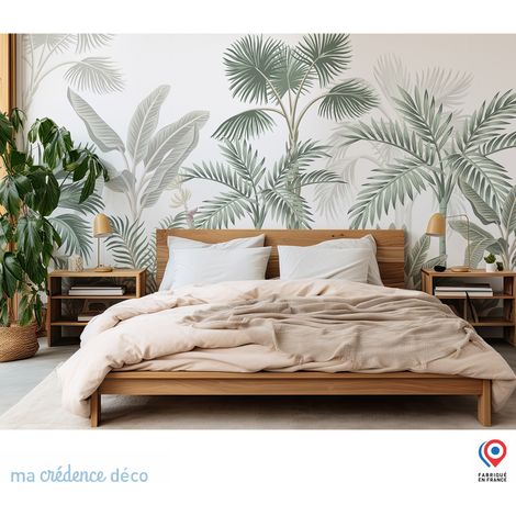 Papier peint : Fresque tropicale, palmiers et paysage, Aquarelle - Intissé - L.300 x H.280 cm - Vert émeraude (1/3)