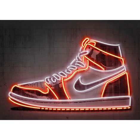Tableau chambre d'ado style industriel | Tableau motif sneaker avec néons rouges | Tableau moderne & original pour chambre garçon - 0,7 x 0,5 m (1/2)