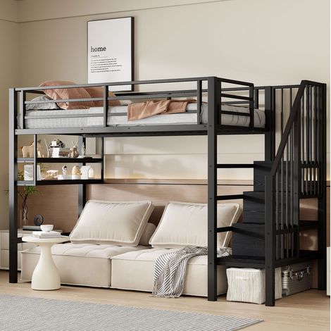Cama alta moderna 90x200 cm de metal negro con escalera con almacenaje, estantes integrados y barandilla (1/5)