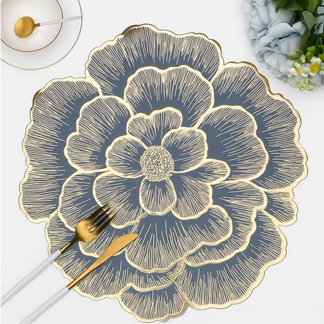 Lot de 6 sets de table ronds 38 cm motif pivoine dorée en PVC ajouré imperméables résistants aux taches d’huile et faciles à nettoyer (1/5)