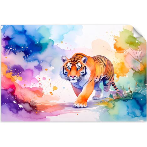 Selbstklebendes Poster – Wandsticker Bunter Tiger Safari Aquarell 100x70 cm (1/3)