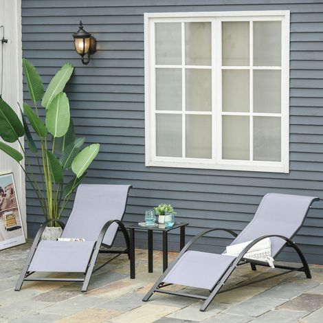 Set aus 2 Sonnenliegen und Couchtisch mit Glasplatte, 59 x 169 x 66 cm, Hellgrau