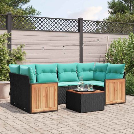 Salon de jardin 7 pièces noir en résine tressée PE avec coussins bleus - PANGIVO (1/5)