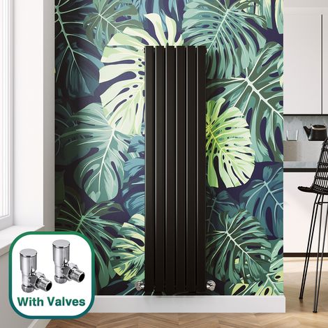 ELEGANT Modern Black Flat Panel Central Heating Radiator 1600 x 408mm Vertical Single Panel Rads + Chrome Angled Radiator Valves (1/5)