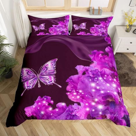 Bettwäsche-Set 155x220cm mit 3D Schmetterlingen und Blumen, Mikrofaser, Lila
