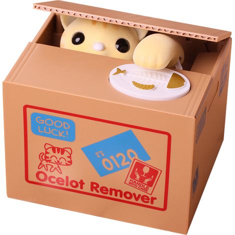 Coffre-fort décoratif en ABS jaune, 12x10x9cm, tirelire chat à piles pour divertissement (1/5)