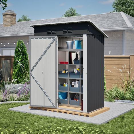 Caseta de jardín metálica, 1,27 m², negra, puerta con cerradura, tejado plano, sin ventanas, 152x84x182 cm (1/5)