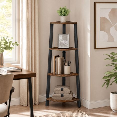 Étagère Échelle à 4 Niveaux, Étagère d’Angle avec Structure en Acier, Bibliothèque pour Salon, Style Industriel, Marron et Noir (1/5)