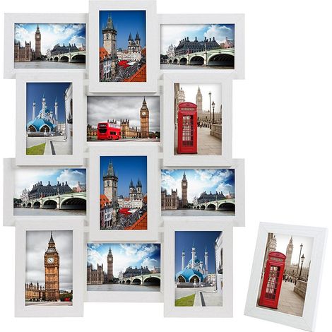 SONGMICS Cornice 10x15 cm Multifoto da Parete Posti di Foto e Un Portafoto Singolo da Tavolo Bianco con Venatura del Legno RPF112W, Confezione da 12, unità (1/5)