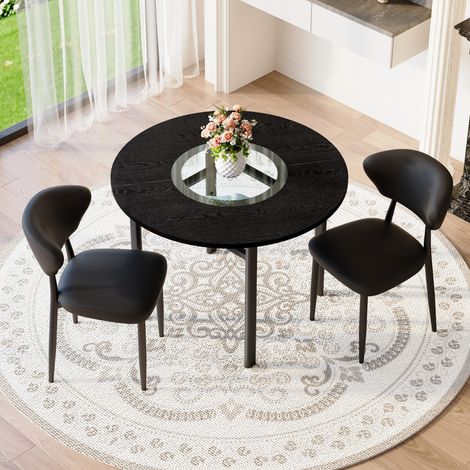 2 à 4 personnes, ensemble table ronde 100 cm et 2 fauteuils pour salle à manger ou salon, effet bois et verre (1/4)