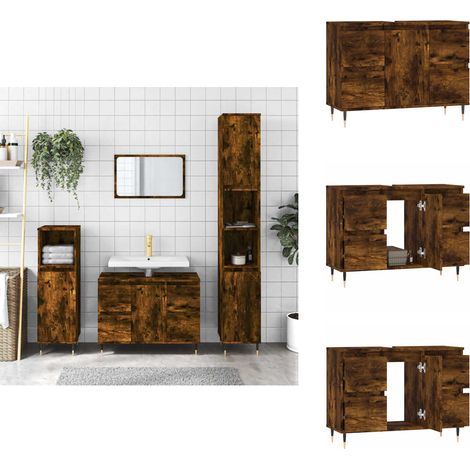 Armoire salle de bain chêne fumé 80x33x60cm bois d'ingénierie - Meuble De Salle De Bain - Armoire Salle De Bain - Rangement Salle De Bain - Commode Salle De Bain - Design Industriel (1/5)