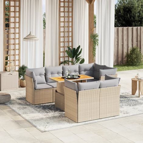 Ensemble de jardin 8 places en résine tressée beige avec coussins gris - Table extensible et modulable (1/3)