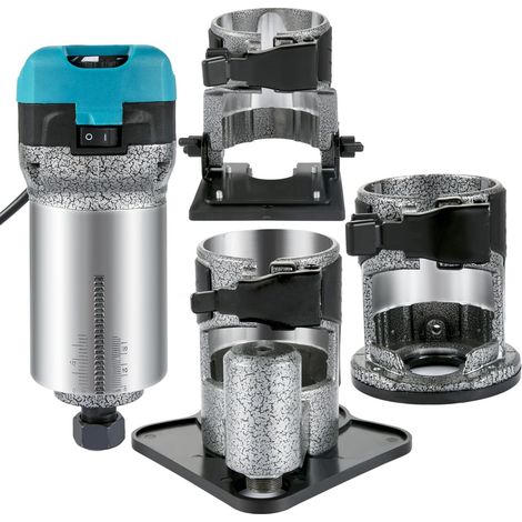 Défonceuse 710W, 3 pinces, pour bois, avec bases fixes, plongeante, inclinable et décalée, coque aluminium, vitesse variable. (1/5)