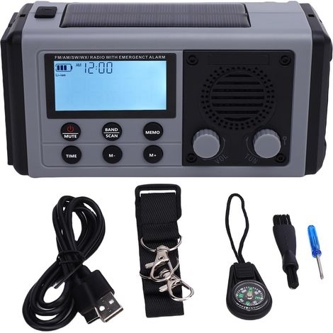 Ortviai Radio d'urgence tout bande avec manivelle, solaire et affichage LCD COG, étanche IPX6, gris