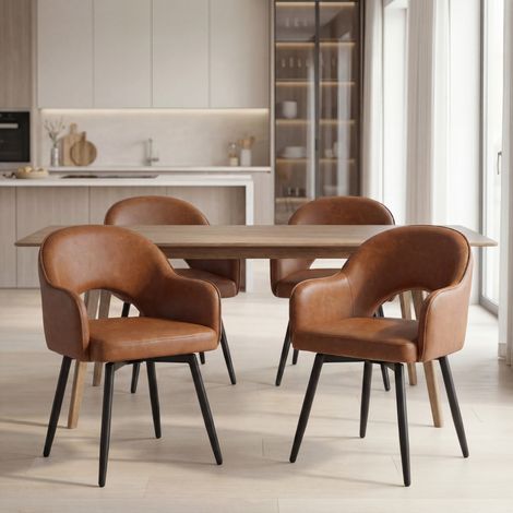 Wahson Lot de 4 Chaises en Cuir PU, Chaise Salle à Manger Moderne avec Accoudoirs Chaise de Cuisine Rembourés pour Salon, Marron