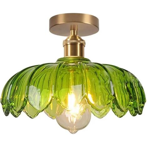 Plafonnier Moderne,E27 Lampe de Plafond Vintage Abat-jour en Verre Design Fleurs 25cm Lustre Rétro pour Salon Chambre,Vert (1/5)