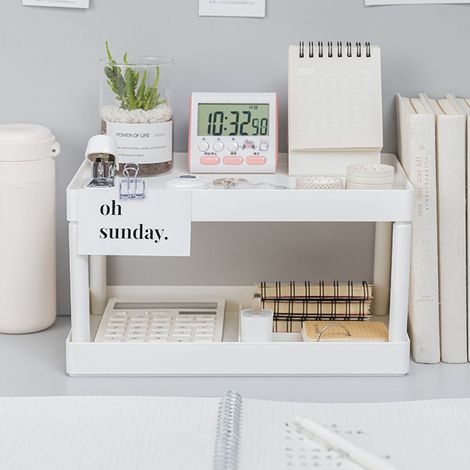 Support de rangement de bureau à Double couche, étagère de bureau de grande capacité de Style moderne pour le maquillage et les articles quotidiens (1/5)