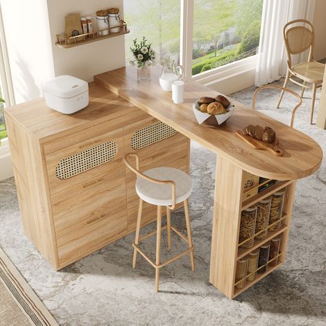 Table de bar avec 6 tiroirs et portes en rotin synthétique, table pivotante à 360° avec dispositif anti-basculement, espace de rangement, Naturel (1/5)