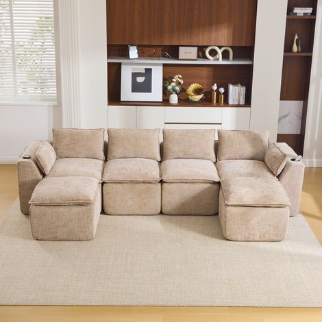 Canapé modulaire 322x161x75 cm kaki en chenille avec poufs, coussins et poches latérales (1/5)