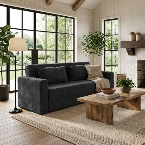 Canapé convertible 2 places – Canapé droit 2 en 1 gain de place – Tissu chenille effet brillant – Sans assemblage – Facile à déplacer – 153×77×65 cm – Noir (1/5)