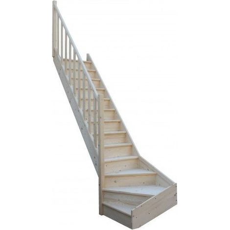 Levigne – Escalier quart tournant bas sapin massif 280 cm – 13 marches – Largeur 82 cm – Encombrement 282 cm – Livré en 3 colis