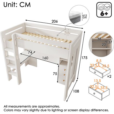 Lit mezzanine enfant avec espace bureau angle, rangements et tiroirs avec ports USB/Type-C, couchage simple ado avec échelle et sommier bois, 90x200cm, blanc, sans matelas. (1/5)