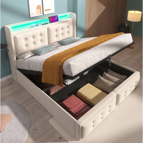 Lit capitonné moderne 180x200 cm avec tête de lit USB-C et prises, LED, coffre relevable à vérin, beige (1/5)