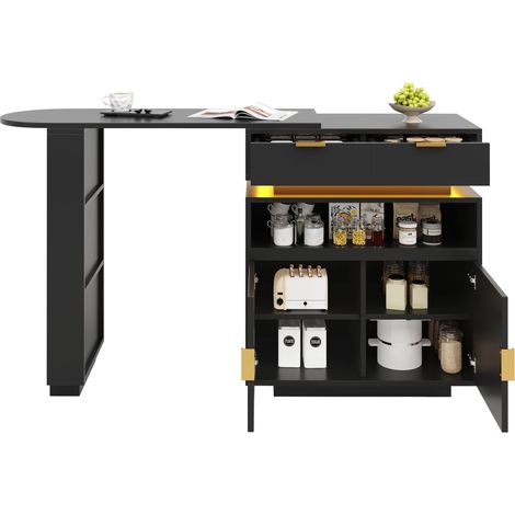 CAIziÎlot de cuisine extensible, table de bar (115-183 × 40 × 99 cm), îlot de cuisine avec rangement, éclairage LED, rotation à 360°, bar à café mobile, adapté à la cuisine et à la salle à manger, noi