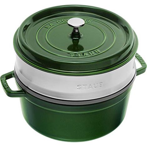 STAUB Casseruola/Cocotte in Ghisa, con Inserto per Cottura a Vapore, Tonda 26 cm, 5,2 litri, Interno della Pentola con Smaltatura Nera Opaca, Verde Basilico (1/4)