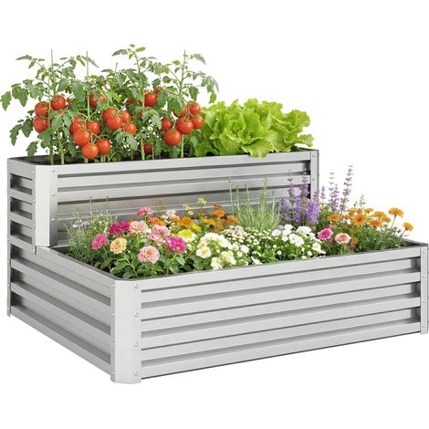 Outsunny huerto urbano de 2 niveles jardinera exterior de acero con diseño de escalera base abierta para cultivos plantas para jardín 120x101x58 cm