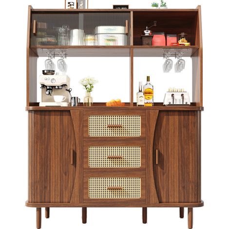 Buffet de cuisine avec portes coulissantes en verre, 3 tiroirs et rangements ouverts, finition bois foncé, 140 x 40,5 x 174,5 cm - CHICFURN (1/5)