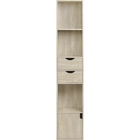Librería estrecha de pie color roble claro con 3 compartimentos, 2 cajones y puerta HOMVRA (1/5)