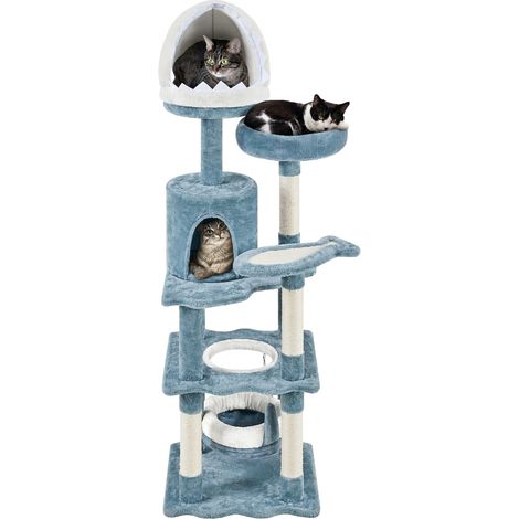 Homevive Árbol de Gato con Diseño de Torre para Gatos con Nicho de Tiburón y Plataforma para Peces y Hamaca para Escondite Poste de Sisal Altura 155cm Color Azul y Blanco