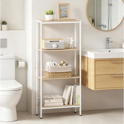 Étagère de rangement 50x20x110 cm blanc et chêne clair en MDF et métal à 4 niveaux pour petits espaces (1/5)