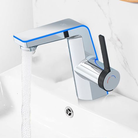 Robinet de salle de bain avec affichage de la température LED, mitigeur monocommande 2 types de jet et tuyaux, robinet de cuisine, robinet de salle de bain, mitigeur de salle de bain (argenté) (1/5)