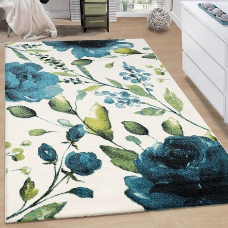 Paco Home Tappeto Salotto Moderno Pelo Corto Motivo Floreale Moderno Motivo Fiori Tappeto Morbido Crema Blu Verde 160x230 cm