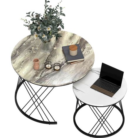 Set aus 2 runden, ineinander schiebbaren Couchtischen Ø 70/44,5 cm mit Tischplatten in Marmoroptik und Metallbeinen, grau und weiß