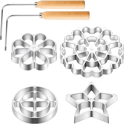 Set de 6 Fers à Beignets Rosace Aluminium, 2 Poignées Bois, 4 Formes Étoile Fleur Ronde, Friture,... (1/5)