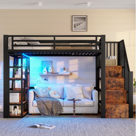 Cama alta de metal y MDF negra 90x200 cm con estanterías, escalera con almacenaje, barandilla y LED (1/5)