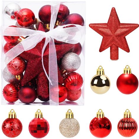 30 Pcs Mini Christmas Balls with Hanger, 3CM Small Red and Gold Christmas Balls Mini Christmas Tree Tabletop Baubles Christmas Tree Decorations Set (1/4)