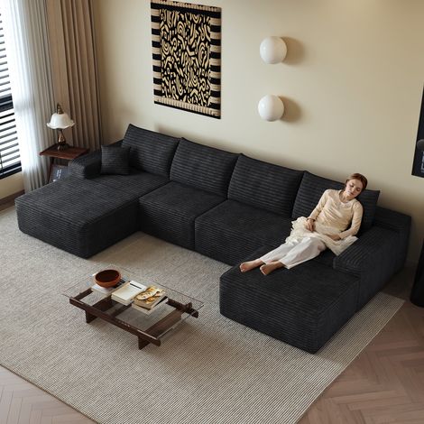 Canapé panoramique en U modulable 5 places 270 cm avec double méridienne, assise profonde, velours côtelé - Noir (1/5)