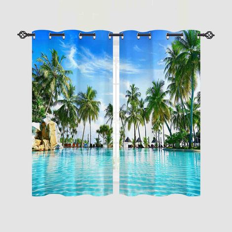 Rideau Occultant Tropical Océan Plage Palmier Tenture Opaque à Oeillets Draperies Intérieurs Rideau Thermique Isolant pour Maison Chambre Salon Fenetre 2 Pièces L 60 x H 120 cm - 60L X 120H cm (2 Pann (1/5)