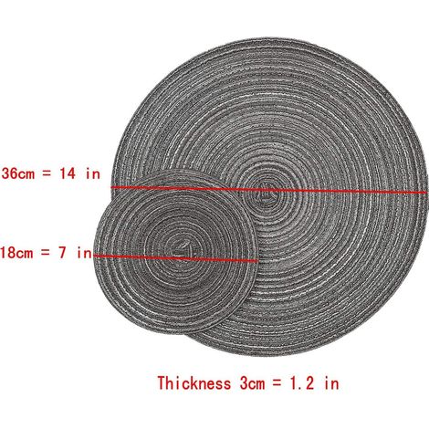 Set aus 8 runden, gewebten grauen Platzsets, 4 große runde Platzsets mit 36 cm Durchmesser und 4 kleine Platzsets mit 18 cm Durchmesser, Tischdekoration für den Innen- und Außenbereich.