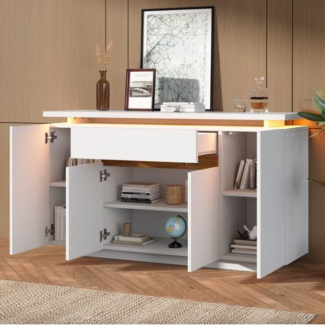 Mobile TV con LED, 1 cassetto e 4 ante, bianco, 140 x 40 x 80 cm DESVIAE (1/5)